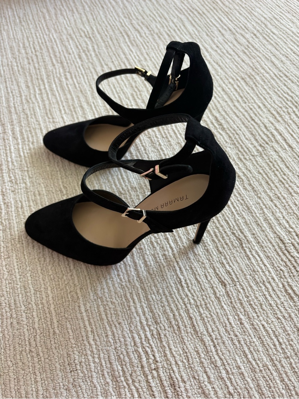 Tamara Mellon Black Suede Pointed Toe Crisscross Ankle-Strap Heels
